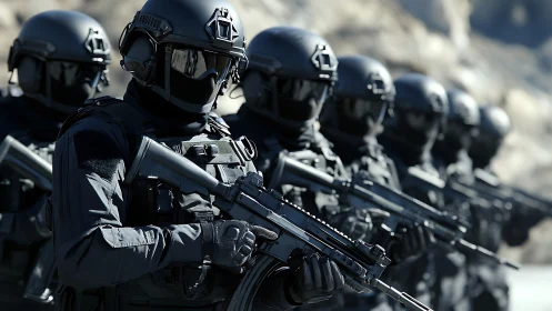 Paramilitary assault unit in matte black tactical armor line