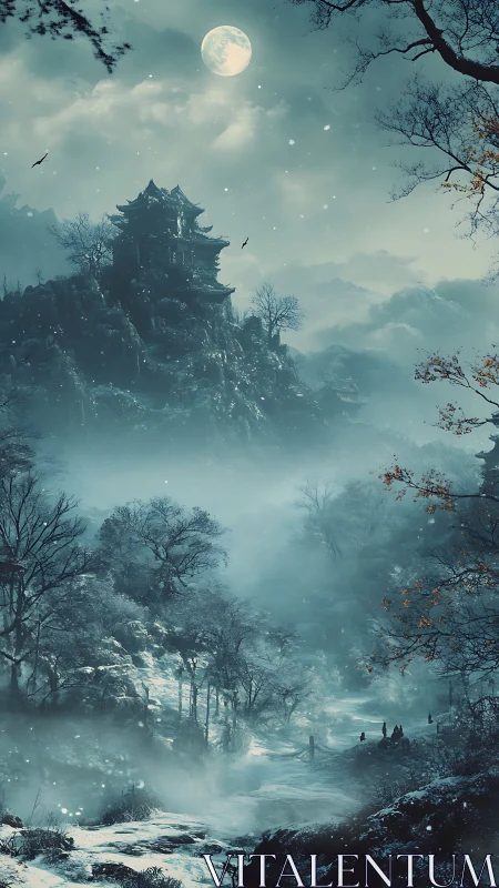 Moonlit mountain temple whispers through the winter mist