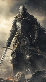 Weathered dusk knight standing firm in burning ruins.