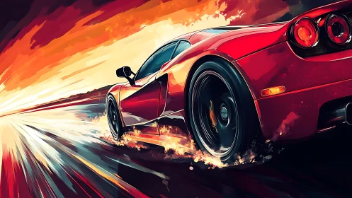 Red supercar slices neon sunset highway at max speed.