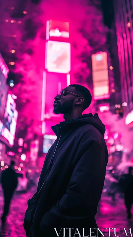 Neon magenta cityscape envelops a silhouetted urban portrait