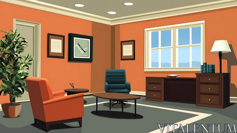 Office interior with seating area, desk, and wall decor.