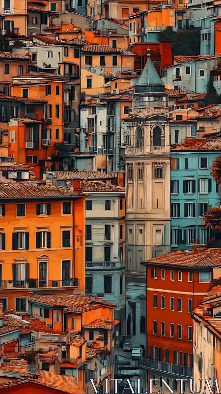 Color-drenched Italian hillside cityscape with central tower.