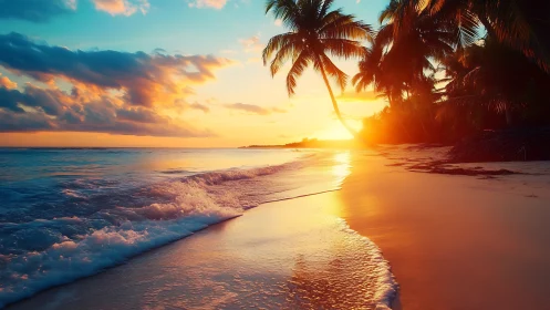 Sunlit palm shore where molten sunset kisses the tide.