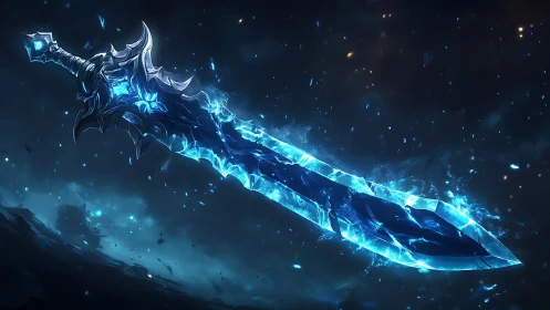 Luminous frostblade drifting through a star-swept night sky.