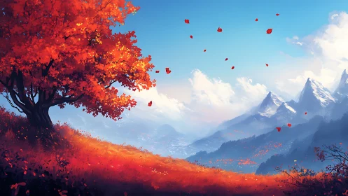 Solitary red tree stands above distant layered mountain range