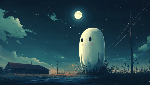Gentle moonlit ghost buddy visiting a quiet country road.