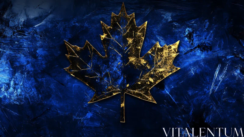 Golden maple leaf silhouette over textured blue field.