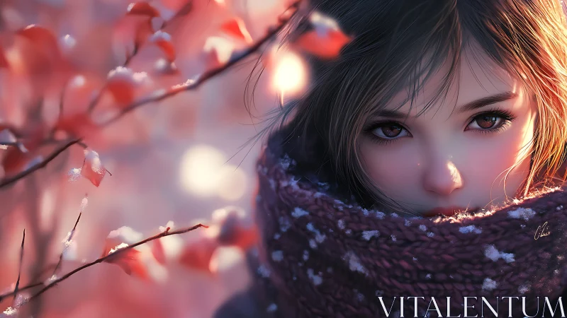 Winter ember gaze amid blush-tinted snowlit leaves.