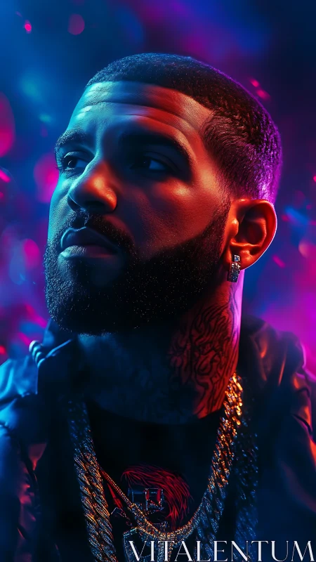 Bearded man in neon lighting with gold chains portrait.