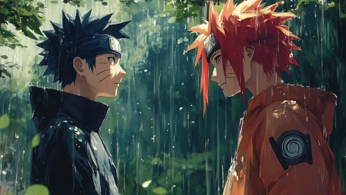 Rivals in the rain share a quiet moment of fierce resolve.