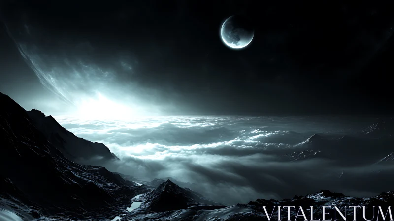 Distant crescent moon illuminates layered extraterrestrial terrain