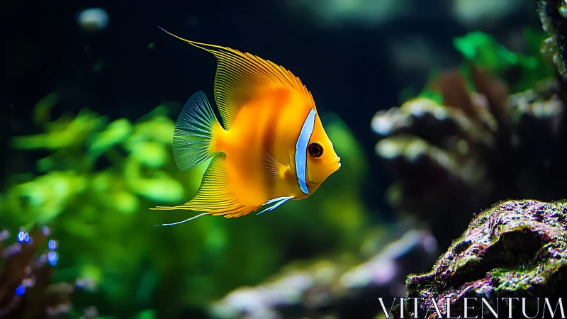 Orange tropical fish in marine aquarium with coral reef.