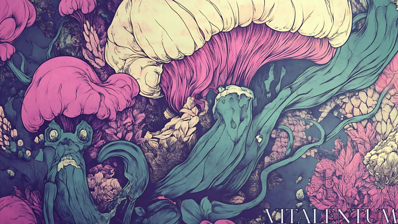 Surreal fungal organisms coil in a high-contrast chromatic field