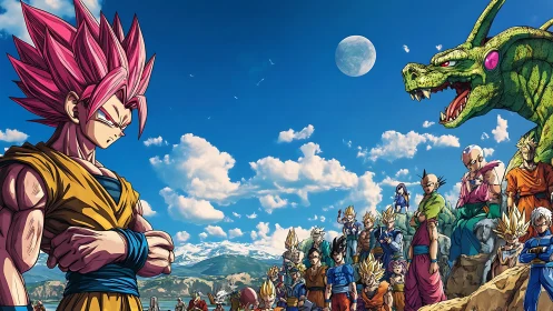 Saiyan warriors assemble under dragon guardian sky.