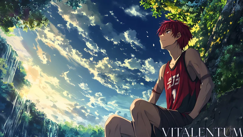 Sky-gazing baller pauses beneath a waterfall of evening light