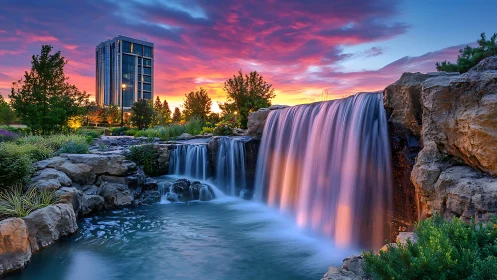 Modern city tower beside landscaped waterfall at sunset.