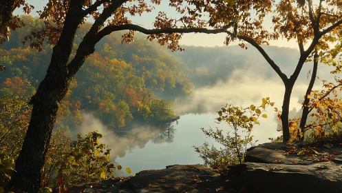 Mist-draped autumn river cradled by sunlit forest cliffs.