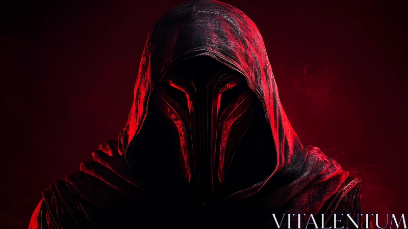 Shrouded crimson warlord in a molten dusk hooded helm.