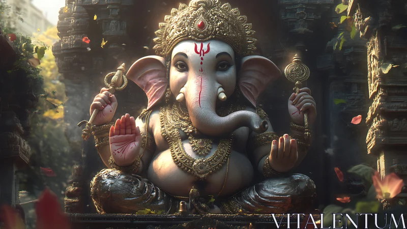 Digital painting of Ganesha idol with ornate temple setting.