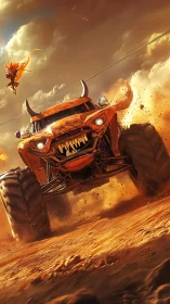 Demonic desert monster truck charging through firestorm.