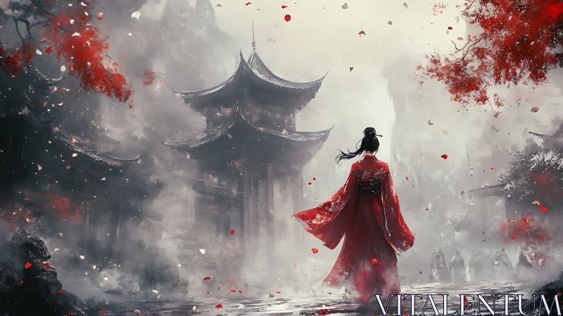 Solitary woman in red kimono walks through misty temple courtyard.