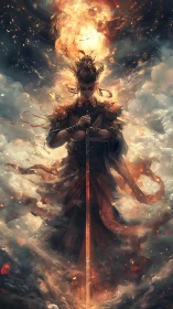 Flame crowned guardian ascends with a burning celestial blade.