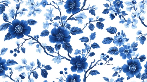 Blue Floral Chinoiserie Pattern with Blooming Branches