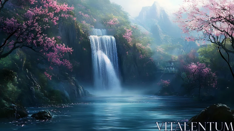 Serene waterfall valley with misty peaks and cherry blossoms.