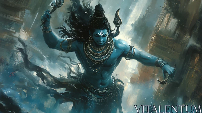 Mythic blue warrior god amid swirling cosmic torrent.