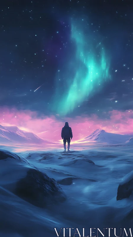 Solitary explorer under aurora in neon twilight landscape.