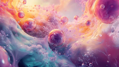 Dreamy pastel bubbles drifting through liquid stardust.