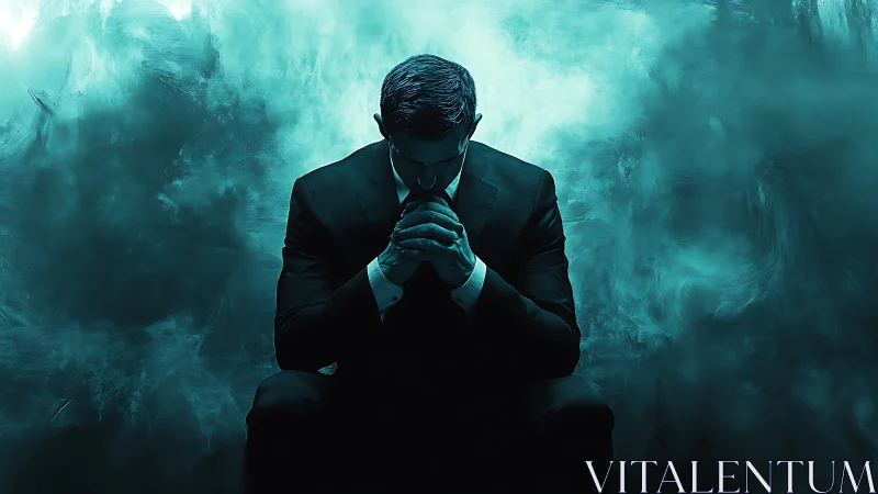 Contemplative businessman in cyan-lit atmospheric digital portrait