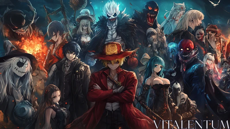 Dark fantasy anime ensemble of heroes, demons, and monsters