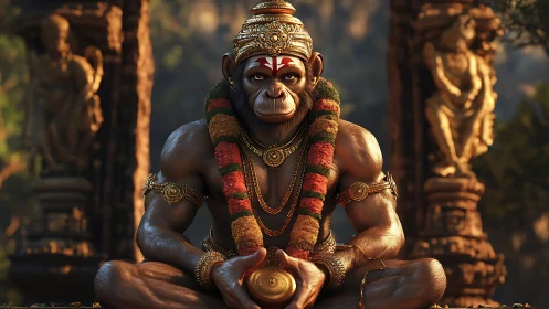 Serene monkey guardian in temple light holding a golden orb.