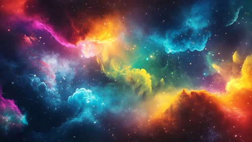 Multicolor emission nebula cloudscape with dense starfield