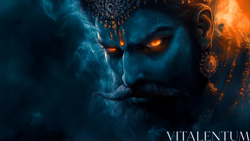 Spectral warrior portrait with molten ember ocular illumination.