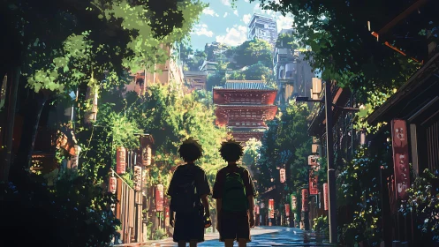 Two students traverse sunlit overgrown alley toward layered pagoda