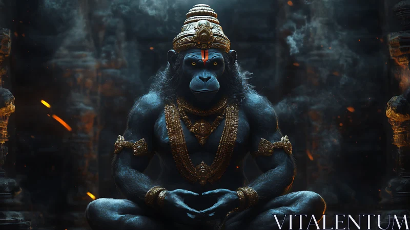 Blue simian deity sits in temple interior with ornaments