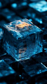 Close-up view of glowing blue ice cube on stacked blocks.