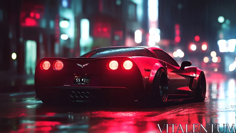 Aerodynamic red coupe under neon reflections in rainy nightscape.