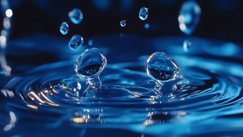 Glittering water droplets suspended above rippling surface.