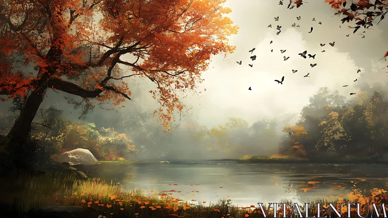 Golden autumn lake glows softly beneath drifting birds