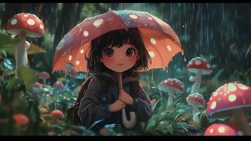 Girl with mushroom umbrella in rainy forest clearing.