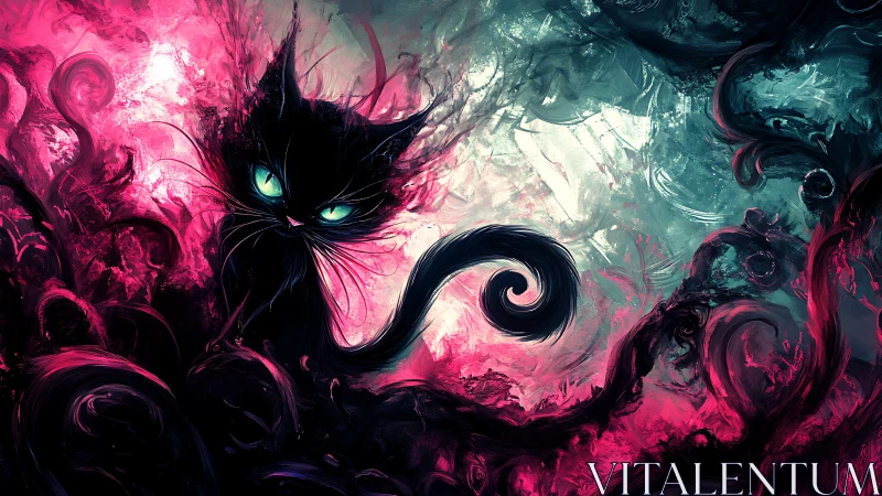 Ethereal Silhouette Cat with Luminescent Cyan Eyes Against Vibrant Magenta Fluid Abstract Background