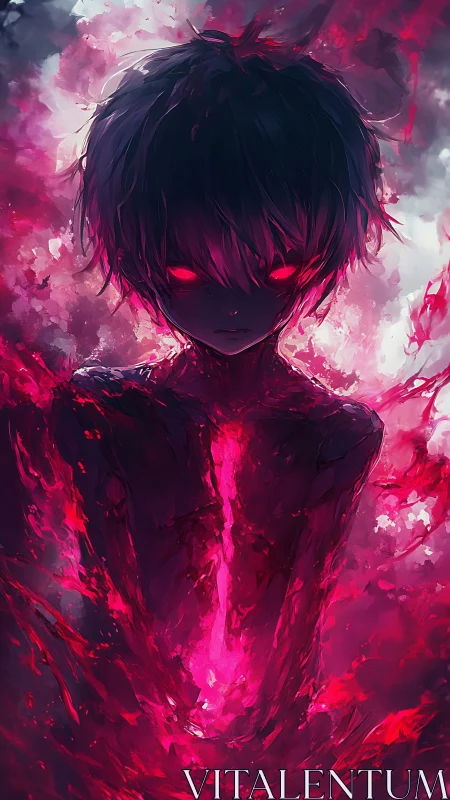 Humanoid silhouette with red luminescent core in misted void.