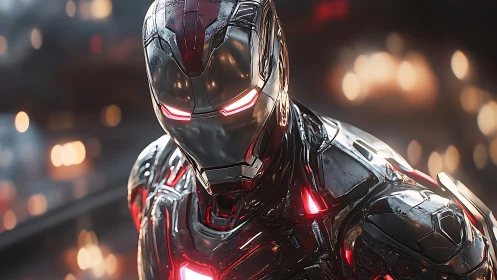 Armored cyber hero glows with red power in a neon haze
