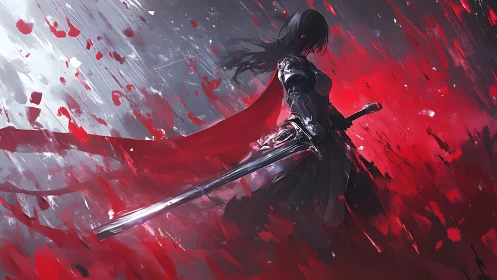Dark armored swordswoman stands in red storm of energy.
