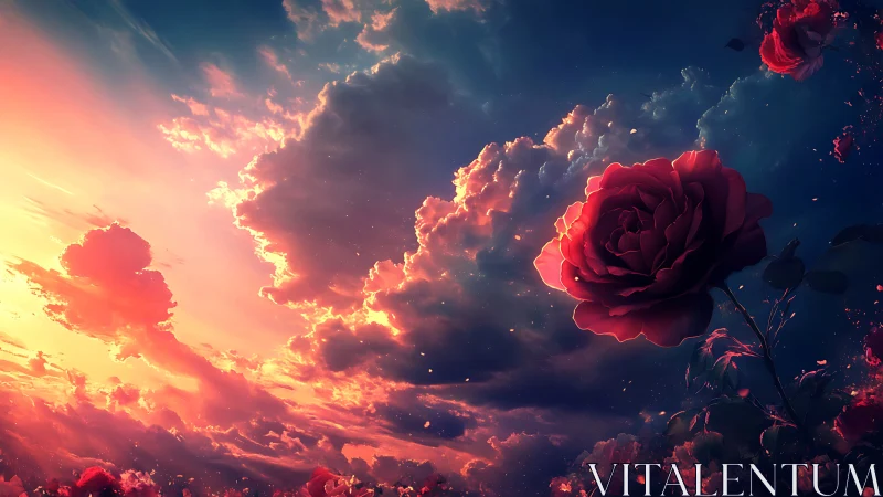 Red rose against vivid sunset sky with glowing clouds.