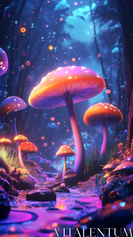 Bioluminescent mushrooms illuminate a neon fantasy creek